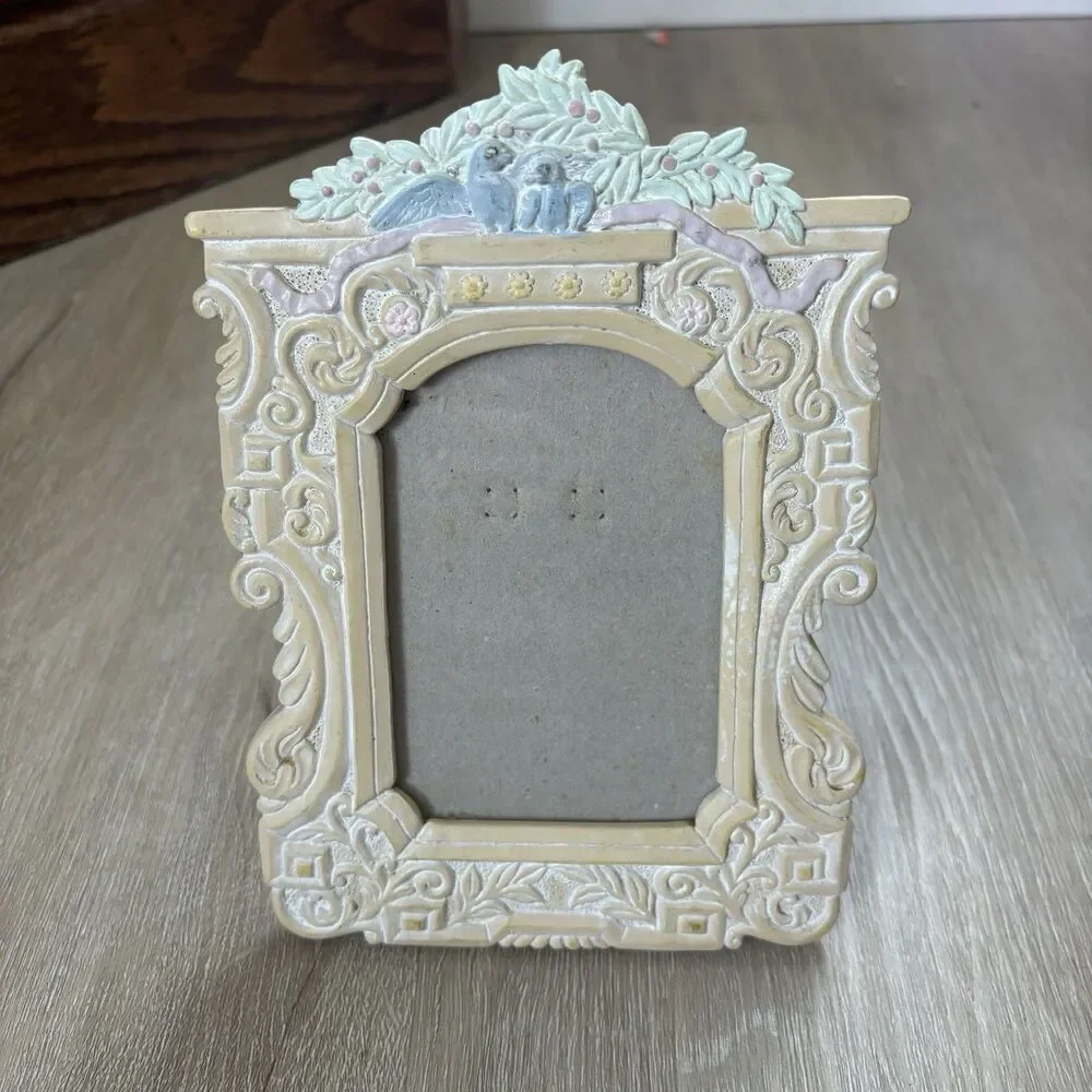 Vintage Love Birds Resin Picture Frame Pastel Rococo Floral Bow 3x4 Tabletop